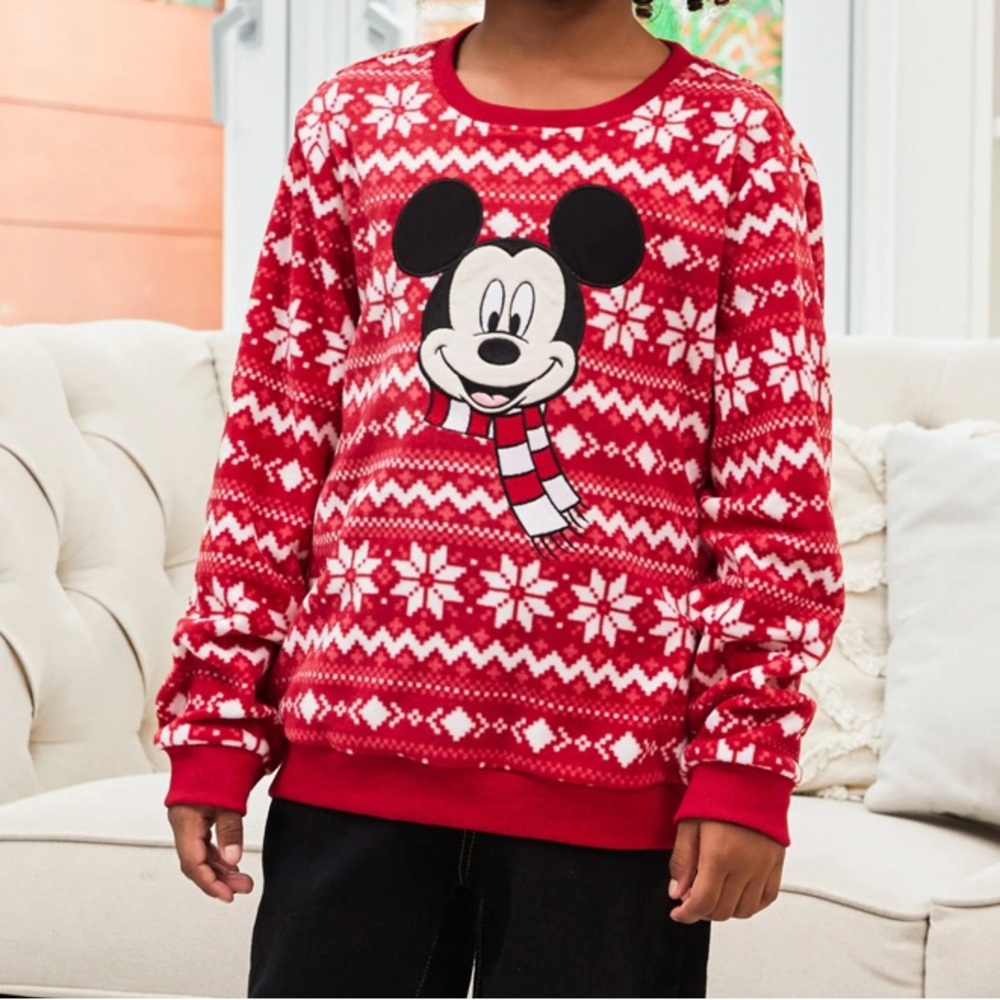 Disney Boy Mickey Snowflake Print Xmas Fleece Crew Neck Red Sweatshirt.